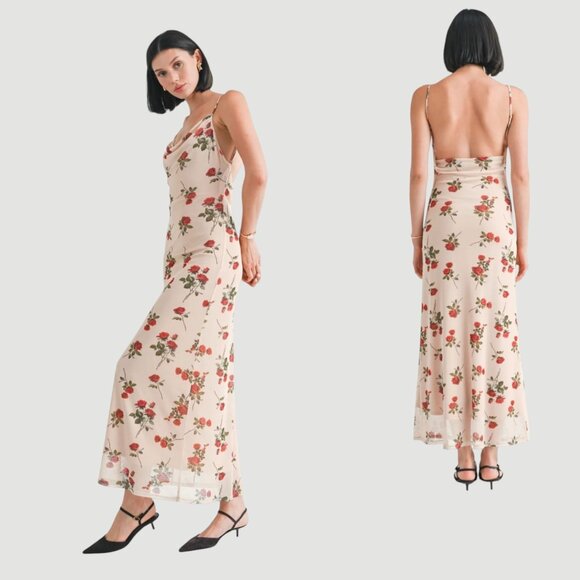 Stitch + Feather Floral Print Slip Dress With‎ Adjustable Spaghetti Straps  Drop - Picture 12 of 13